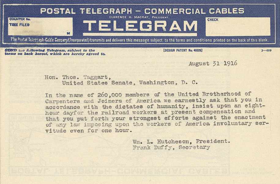 Telegram in support of a successful lobbying effort for the 1916 Adamson Act
