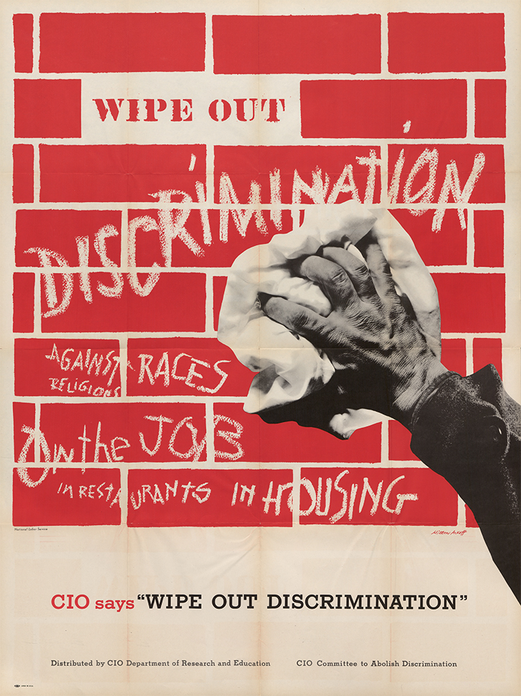 Congress of Industrial Organizations poster organizing against discrimination