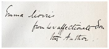 Inscription by William Morris to his mother, Emma Morris