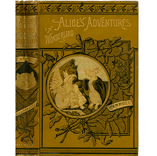 Macmillan gold gilt-inlaid binding cover of Alice’s Adventures in Wonderland.