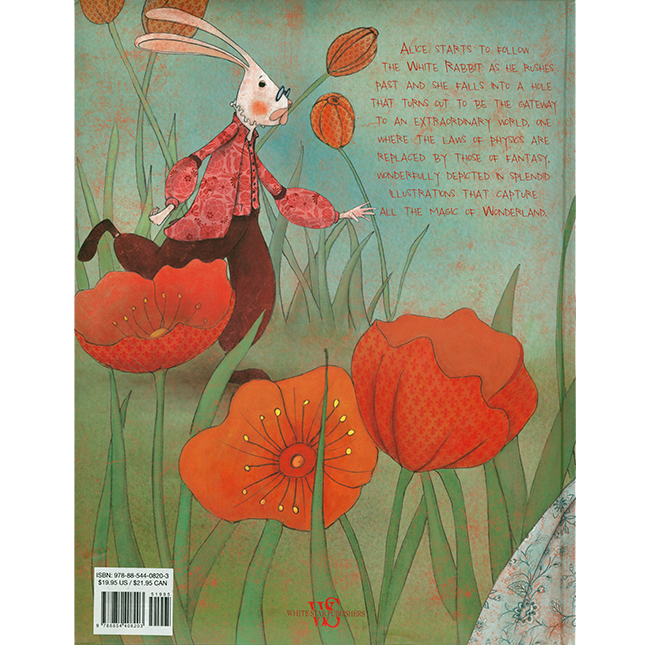 Back cover with the White Rabbit running through red poppies.