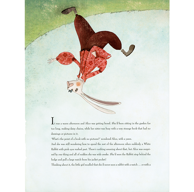 Illustrated page of the White Rabbit in a red jacket running away.