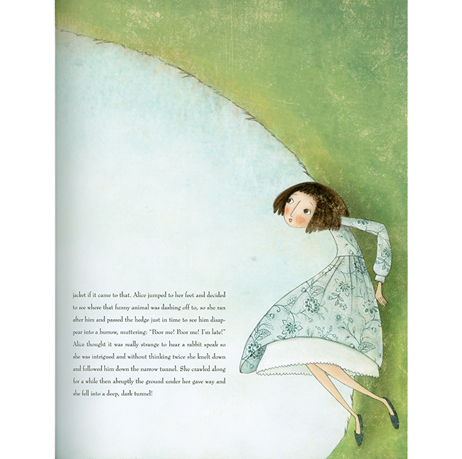 Illustrated page of Alicie in a blue dress lying on the grass, watching the White Rabbit.