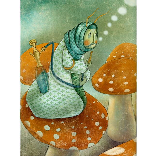 Blue caterpillar smoking a hookah on top of orange mushrooms.