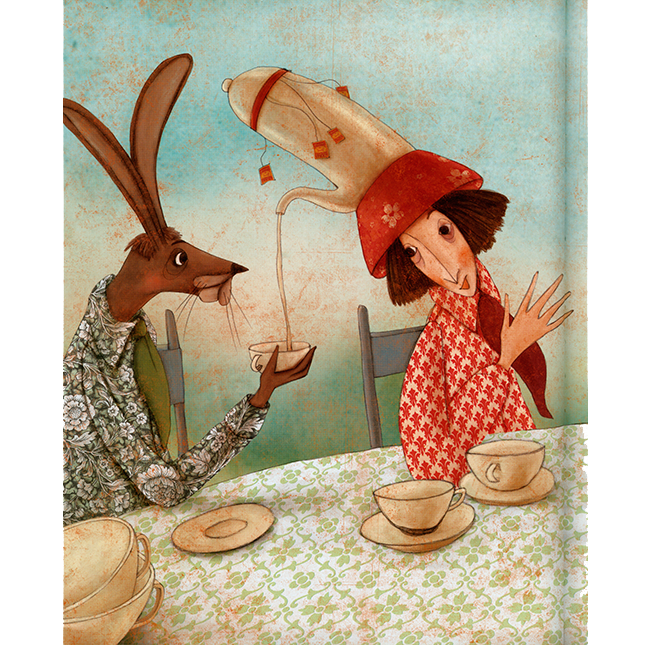 Hatter pouring tea for the March Hare from a pot on his hat.