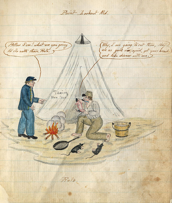 a soldier confronting anotehr man who is skinning a dead rat before cooking it over a fire