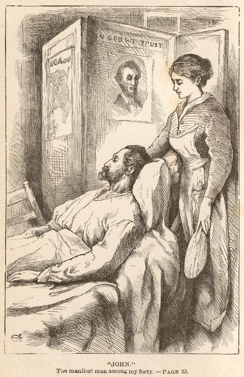 Illustration of a nurse standing over a wounded soldier laying in a hospital bed