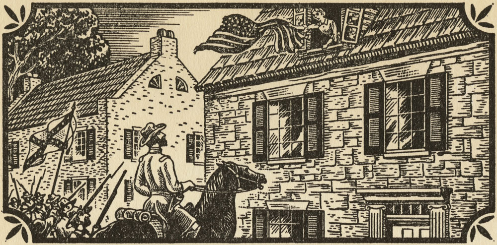 Illustration of Frietchie waving the flag over passing troops.