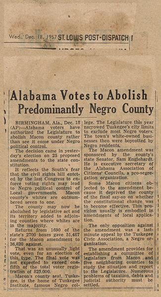 News clipping of article titled Alabama to abolish predominately Negro County