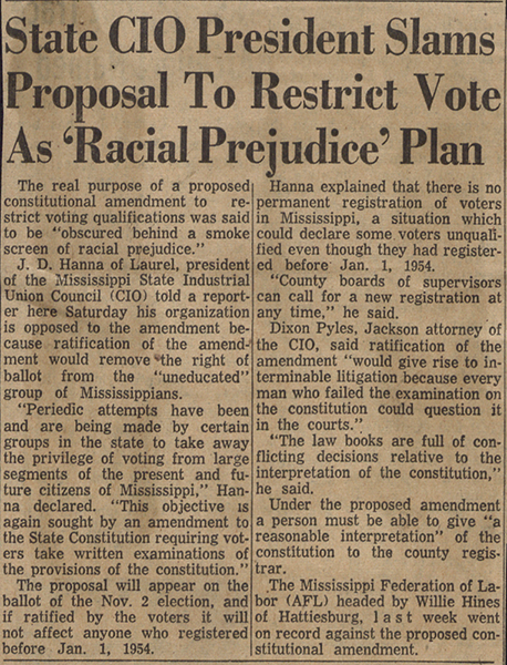 News clipping of article State CIO President slams proposal to restrict vote as racial prejudice