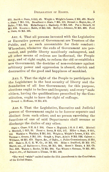 Page from the Constitution of Maryland with voting qualification statement