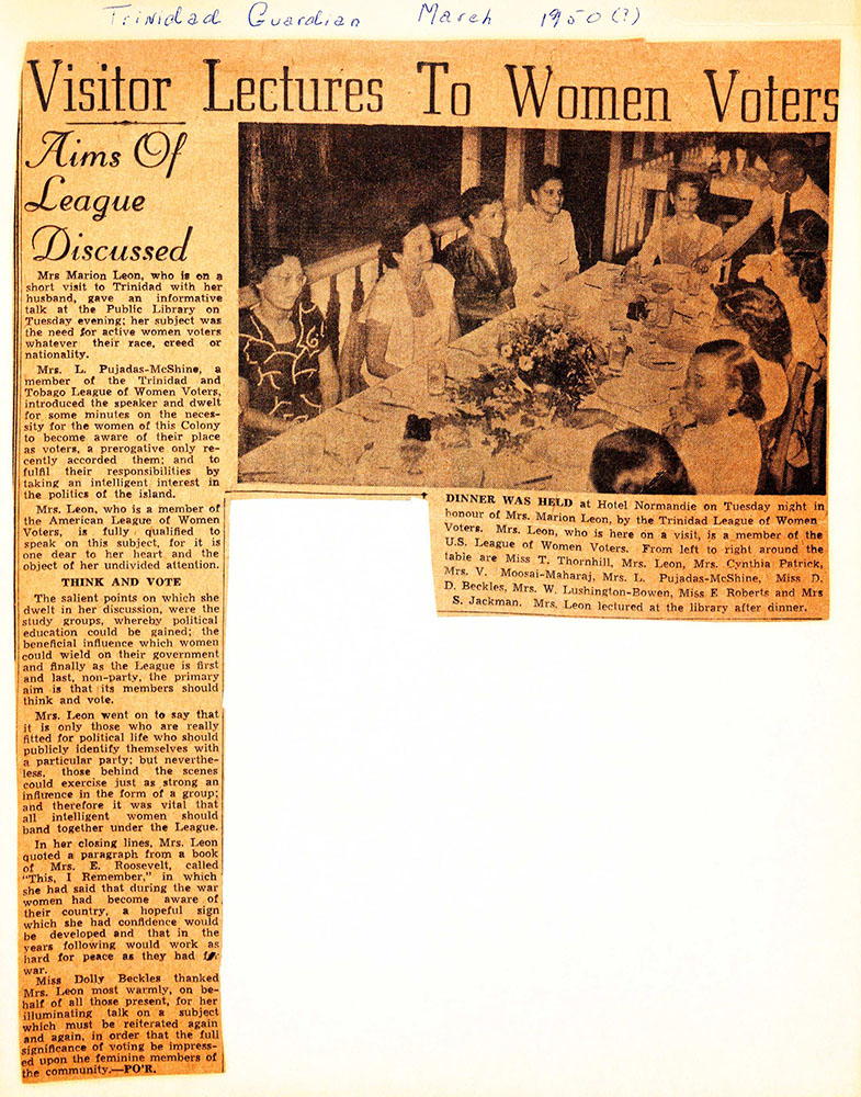 Clipping of article from Trinidad newspaper Visitor Lectures to Women Voters