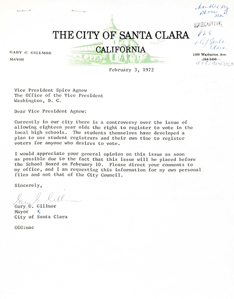 Letter to Vice President Spiro T. Agnew from Mayor of Santa Clara, CA