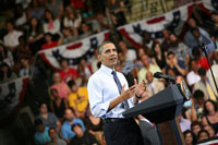 President Barack Obama speaking at Ritchie Coliseum on July 22, 2011.