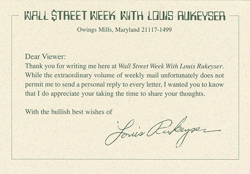 "Wall $treet Week" viewer mail response postcard, sent to fans when their letters to Louis
