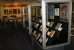 Central display in gallery, three tall cases