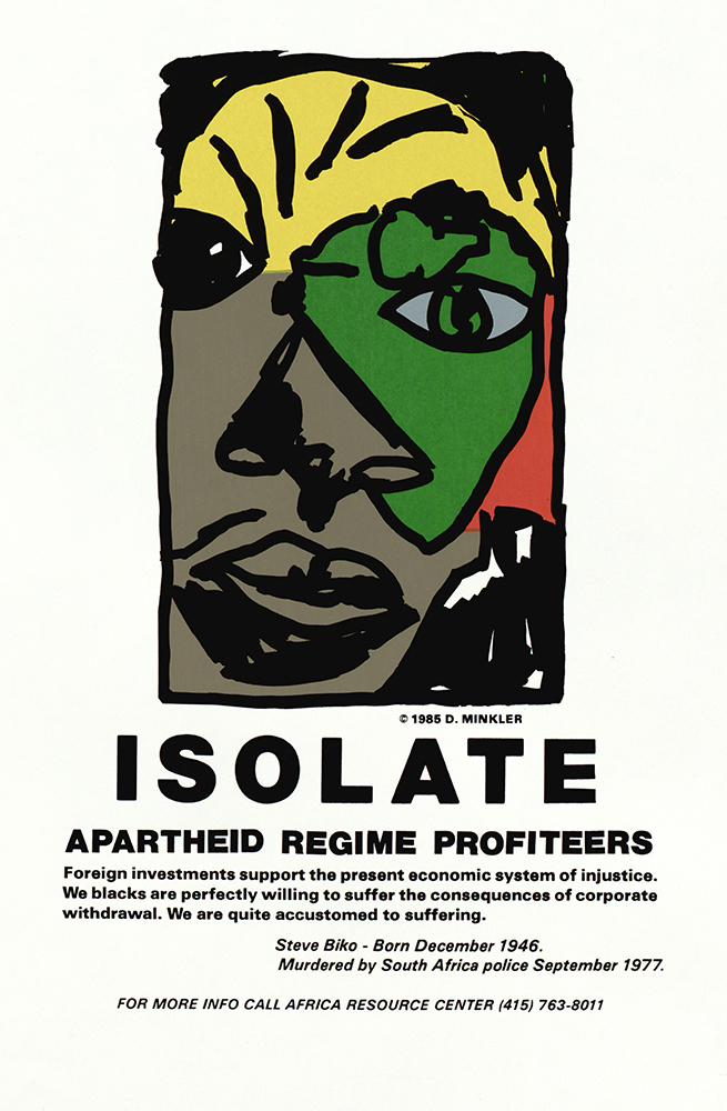 Anti-apartheid poster advocating the union supported campaign for corporate divestment from racist South Africa, 1985.