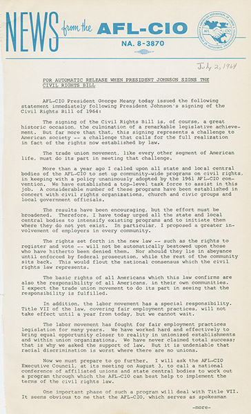 Call by AFL-CIO President George Meany for the full enforcement of voting rights and fair employment provisions of the 1964 Civil Rights Act