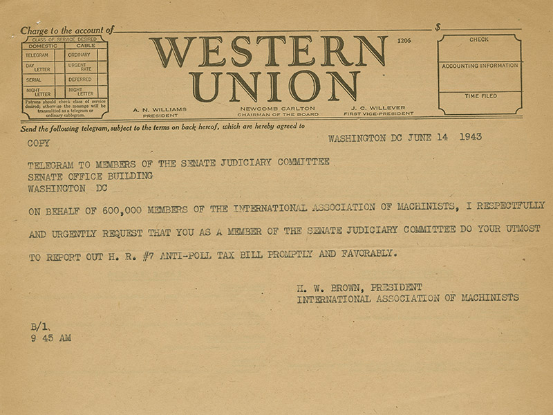 Telegram from H. W. Brown