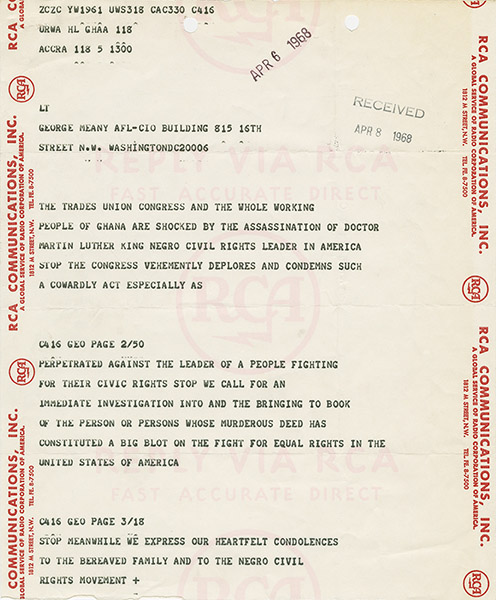 Telegram from the Trades Union Congress of Ghana to the AFL-CIO in response to the death of Dr. Martin Luther King