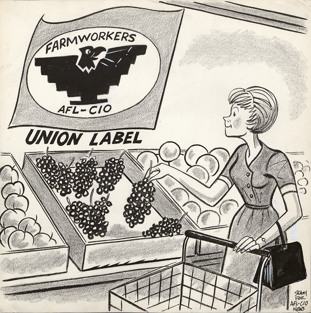 'The Only Kind to Buy' cartoon advocating support for the Delano Grape strike, 1970