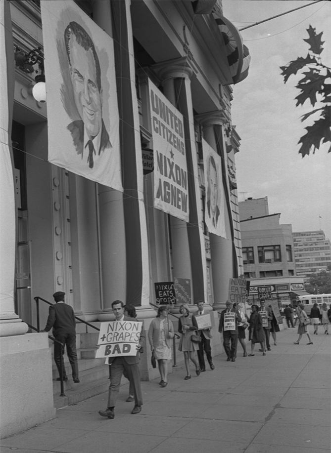 United Farm Workers supporters picket the campaign headquarters of Richard Nixon and Spiro Agnew, 1968