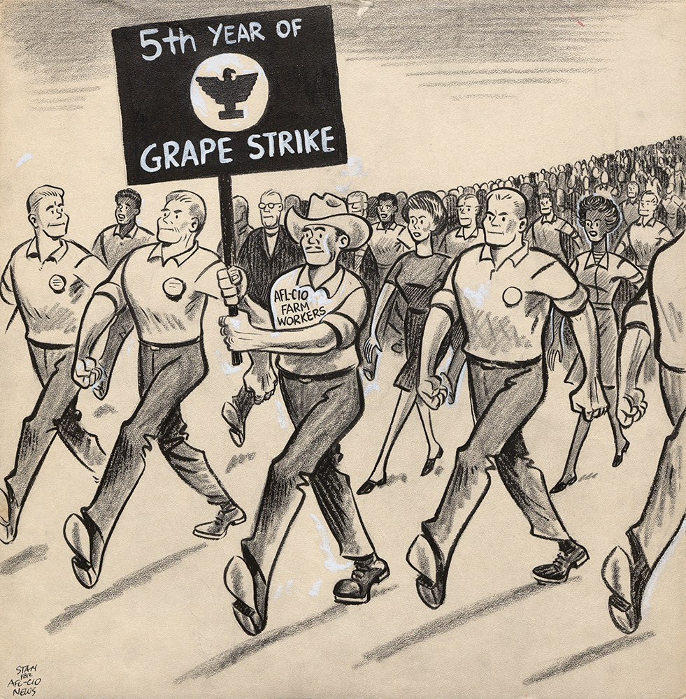 'Viva La Causa' cartoon in support of the United Farm Workers Delano grape strike