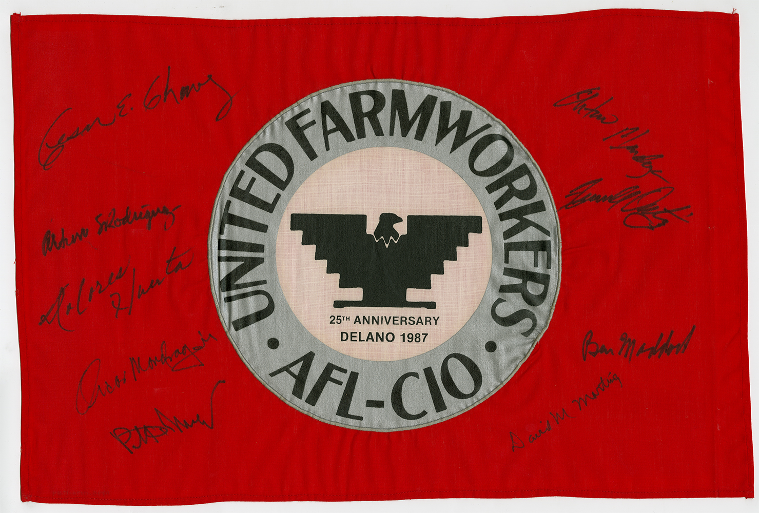 United Farm Workers flag signed by Delano grape strike leaders on the 25th anniversary of the strike, 1987