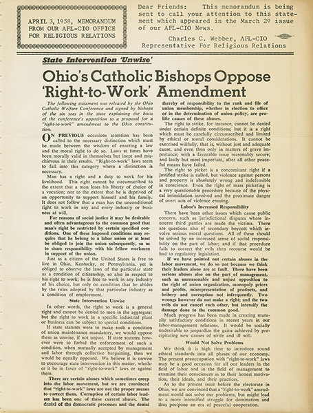 State Intervention ‘Unwise’: Ohio’s Catholic Bishops Oppose ‘Right-to-Work’ Amendment, April 3, 1958.