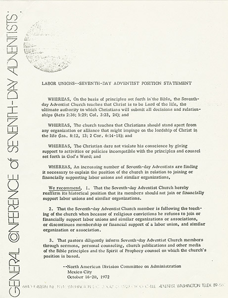 'Labor Unions -- Seventh-Day Adventist Position Statement' declaring the church’s objections to union membership. October, 1972.