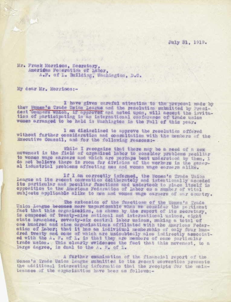 Letter debating support of the Women's Trade Union League
