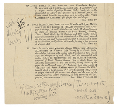 Sotheby's auction catalogue with annotations by William Morris