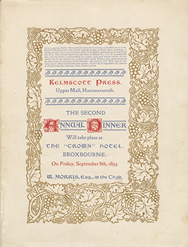 Menu and program of events for The Second Annual Kelmscott Press Wayzgoose Dinner