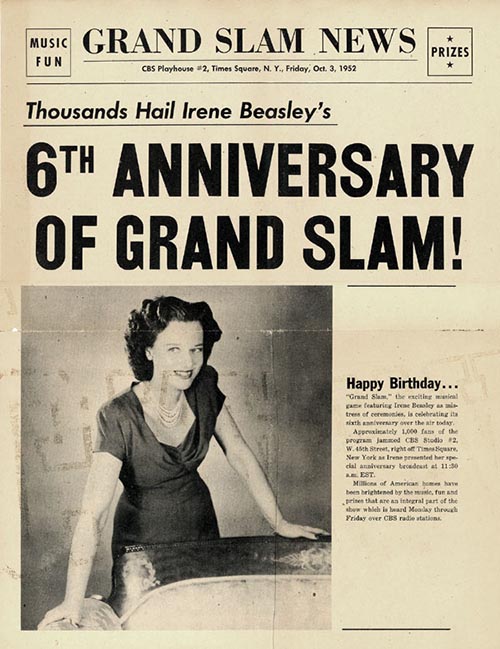 Newspaper featuring Irene Beasley celebrating the 6th anniversary of her show Grand Slam