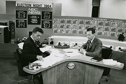 NBC news anchors Chet Huntley and David Brinkley (left to right) anchor NBC's coverage of election returns. November 3, 1964
