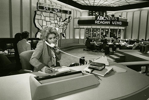 ABC news correspondent Barbara Walters on the telephone with Israeli Prime Minister Menachem Begin during ABC's coverage of election returns. November 4, 1980.