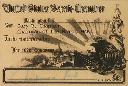 United States Senate Chamber Pass for Gary Chapman