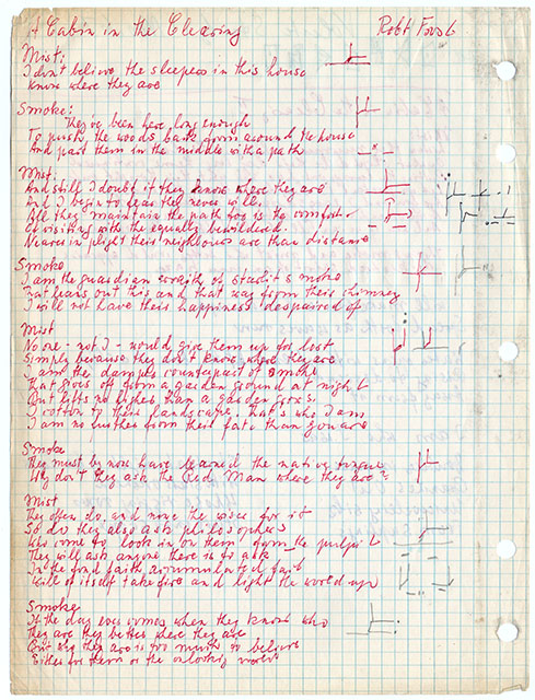 Handwritten notebook page containing Robert Frost's poem 'A Cabin in the Clearing', written in red ink, with Motif characterizations