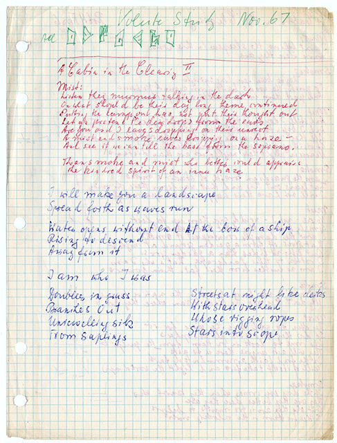 second page from notebook containing handwritten notes and text from Robert Frost's poem 'Cabin in the Clearing', with Labanotation symbols for a Volute Study at the top