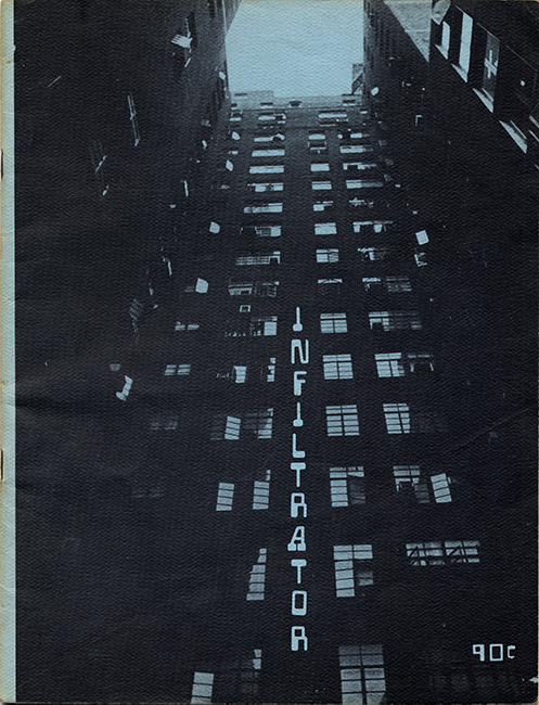 Dark image of a tall building viewed from below with 'INFILTRATOR' vertically centered in white text.