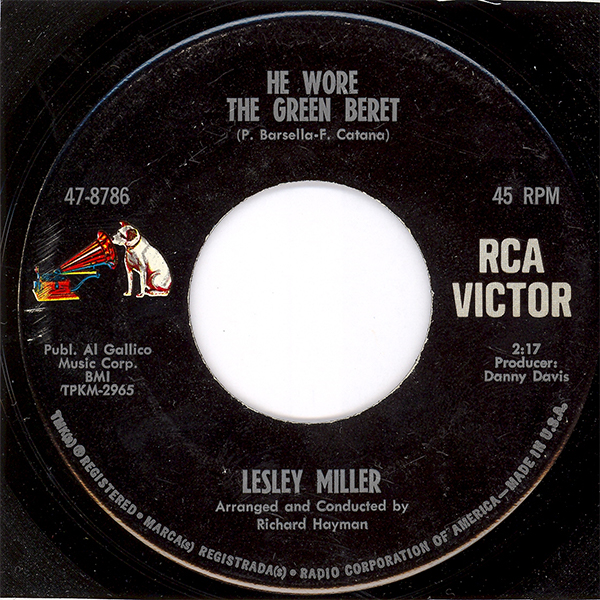 Label of single 'He Wore the Green Beret' by Lesley Miller