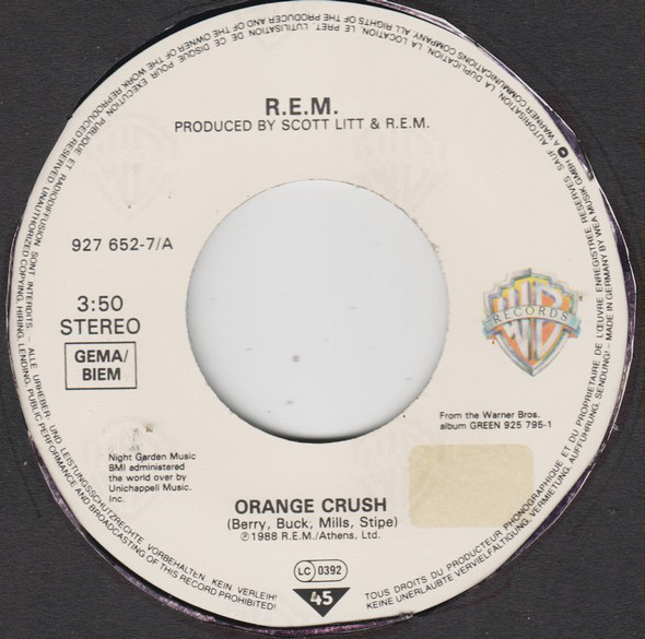 Label for the single 'Orange Crush' by R.E.M.