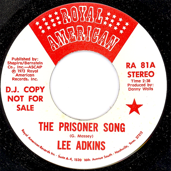 Label of single 'The Prisoner Song' by Lee Adkins