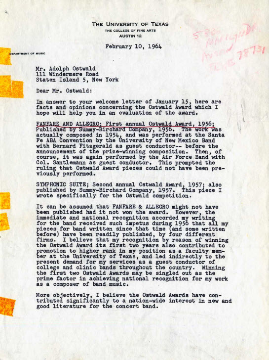 Clifton Williams letter to Adolph Ostwald
