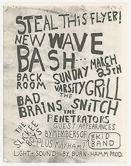 Black and white handwritten flier for a music event titled "New Wave Bash" with varying text styles, creating a playful and chaotic aesthetic.