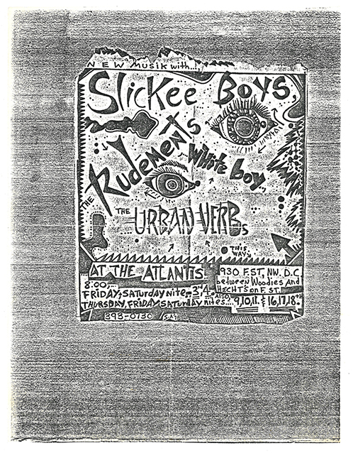 A hand-drawn black and white flier. At the center is a rectangle containing all the content, including stylized text, multiple eye motifs, abstract shapes, and doodles.