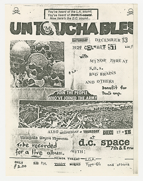 Three show flier, containing event details and imagery of skulls and a skull army.