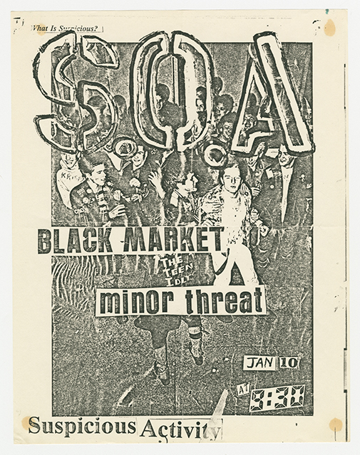 State of Alert flier with a background image of people partying, and large title text 'S.O.A' with featured bands Minor Threat and Black Market.