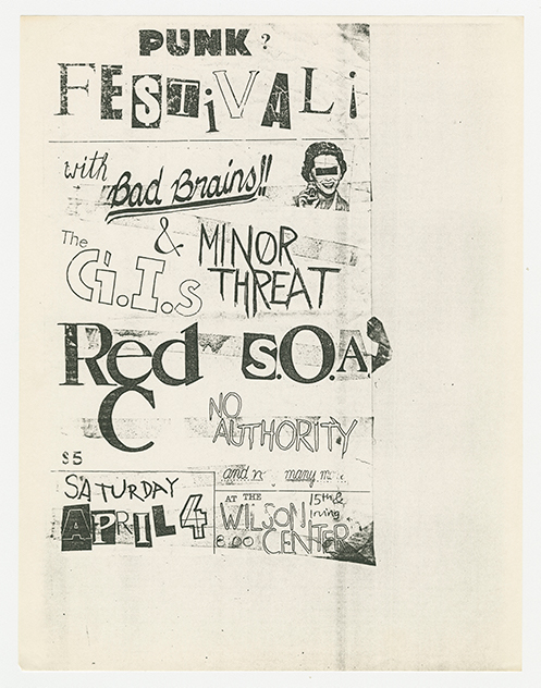 Bad Brains flier for a Punk Festival. There is one small illustration of a woman at the top right with her eyes covered by a black rectangle.