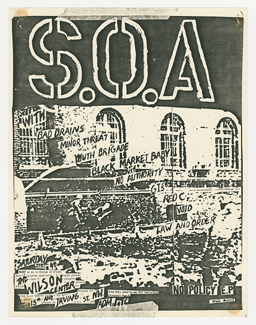 Black and white State of Alert flier, with the band name (S.O.A) in large stylized text at the top, and and the featured bands underneath with event details.